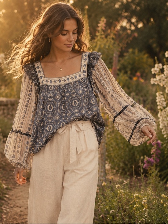 Free People Tops - NWT Free People Mostly Meadow Blouse Ivory Combo Balloon Sleeve Cotton Large